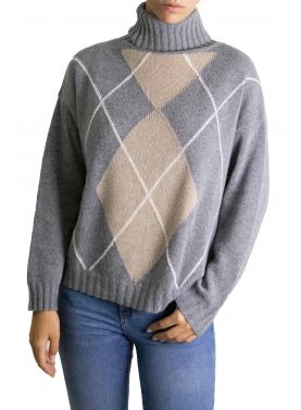 Maglione con rombi bicolore  collo alto misto cashmere
